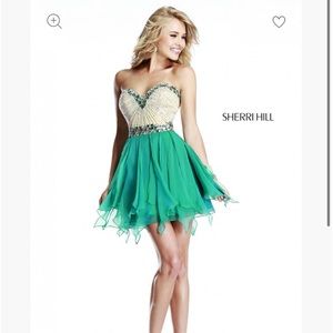 Sherri Hill Jade Flowy Strapless Bejeweled Dress